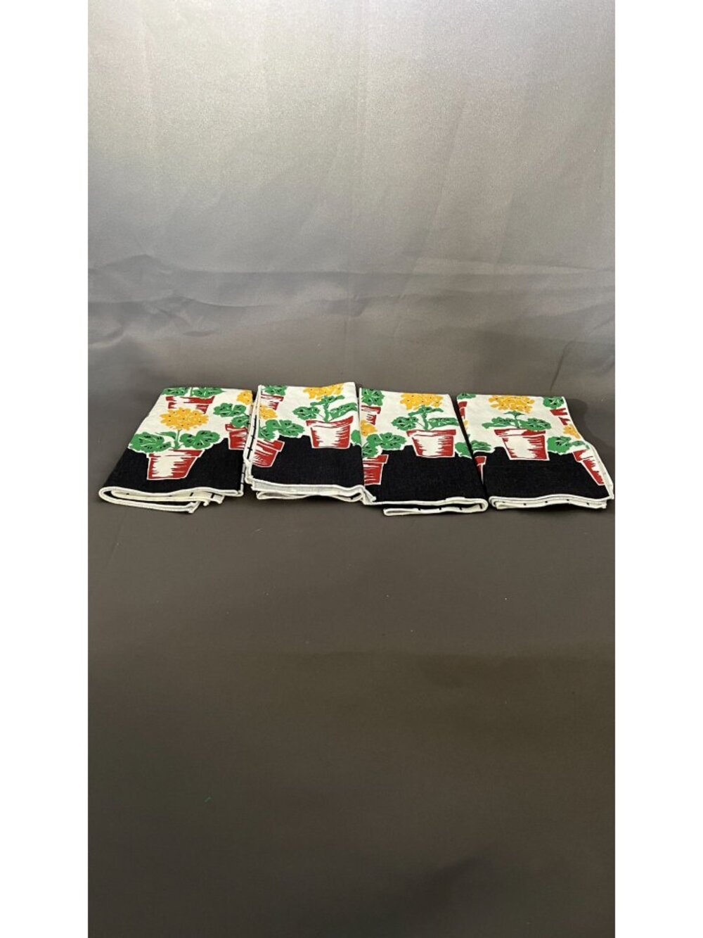 Set Of 4 Vintage Cotton Napkins With Potted Flowers Print